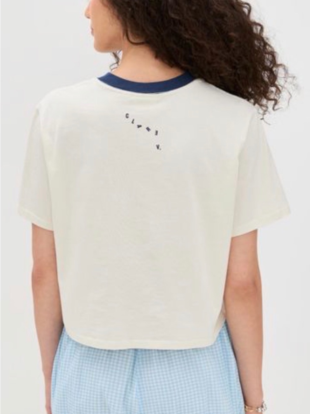 Clare V Le Carre Tee with Navy Graphic Ringer Collar NWT - Picture 3 of 7